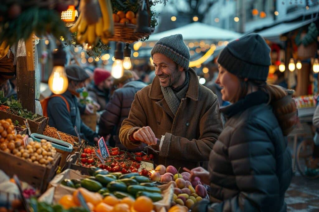 Marché animé de Liverpool avec produits locaux frais